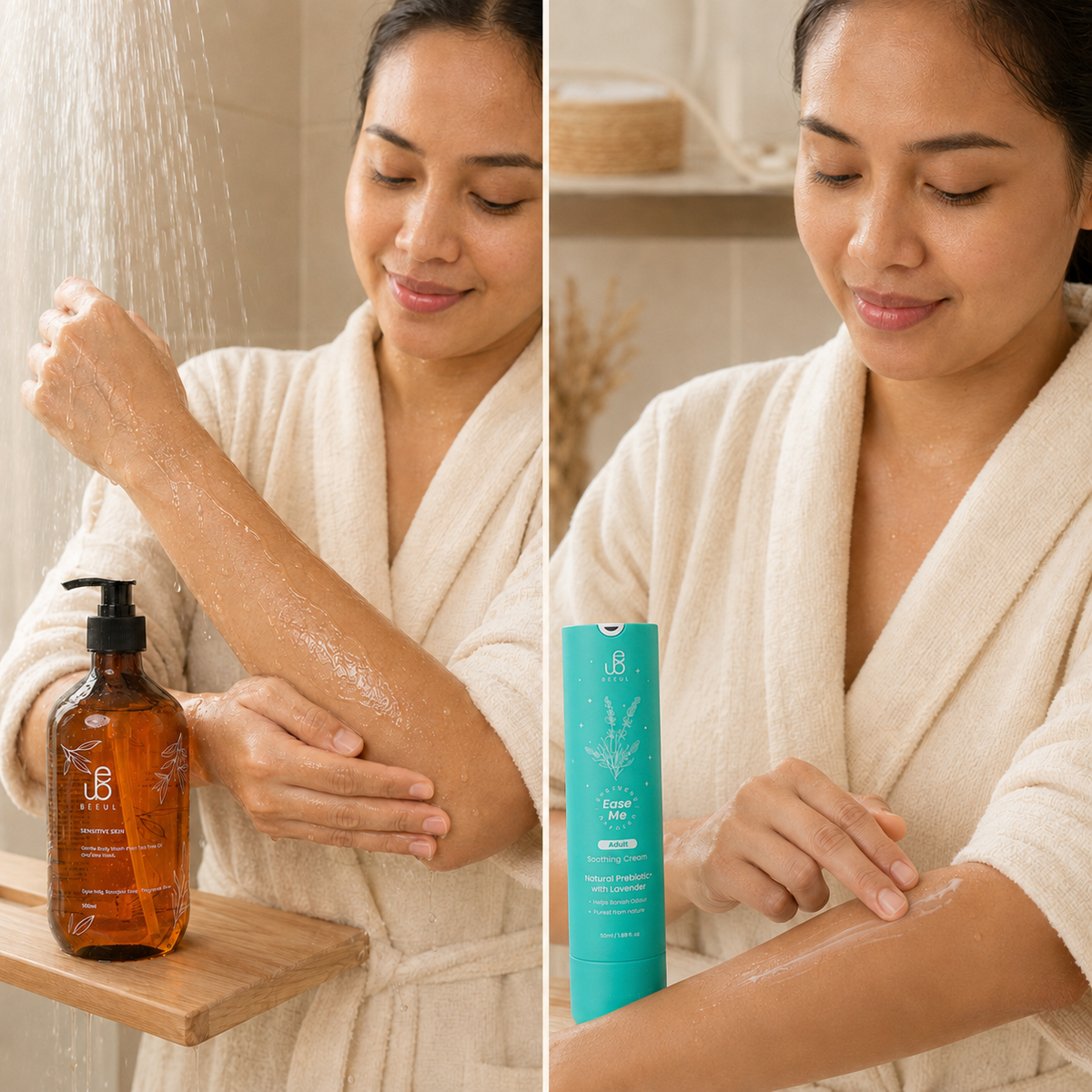 A mother helping her daughter rinse her hands at a bathroom basin, the BEEUL Gentle Body Wash bottle beside the tap