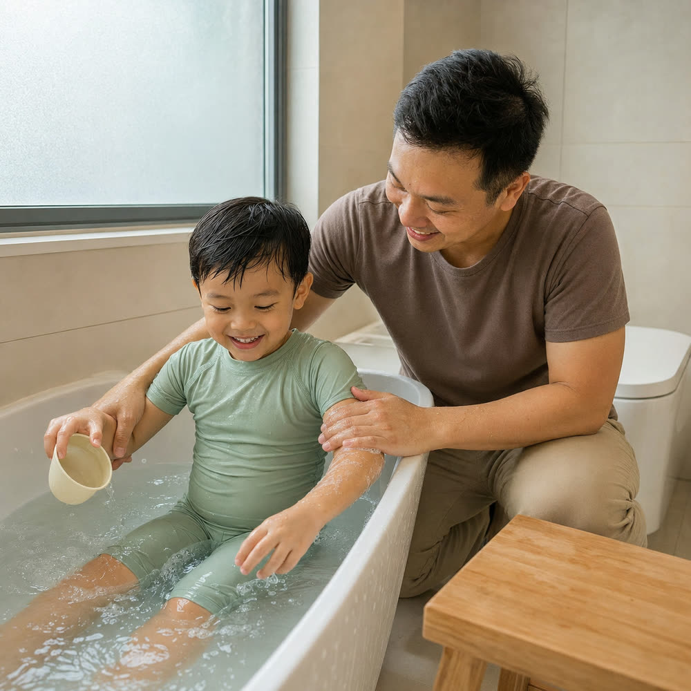 A father gently bathing his toddler