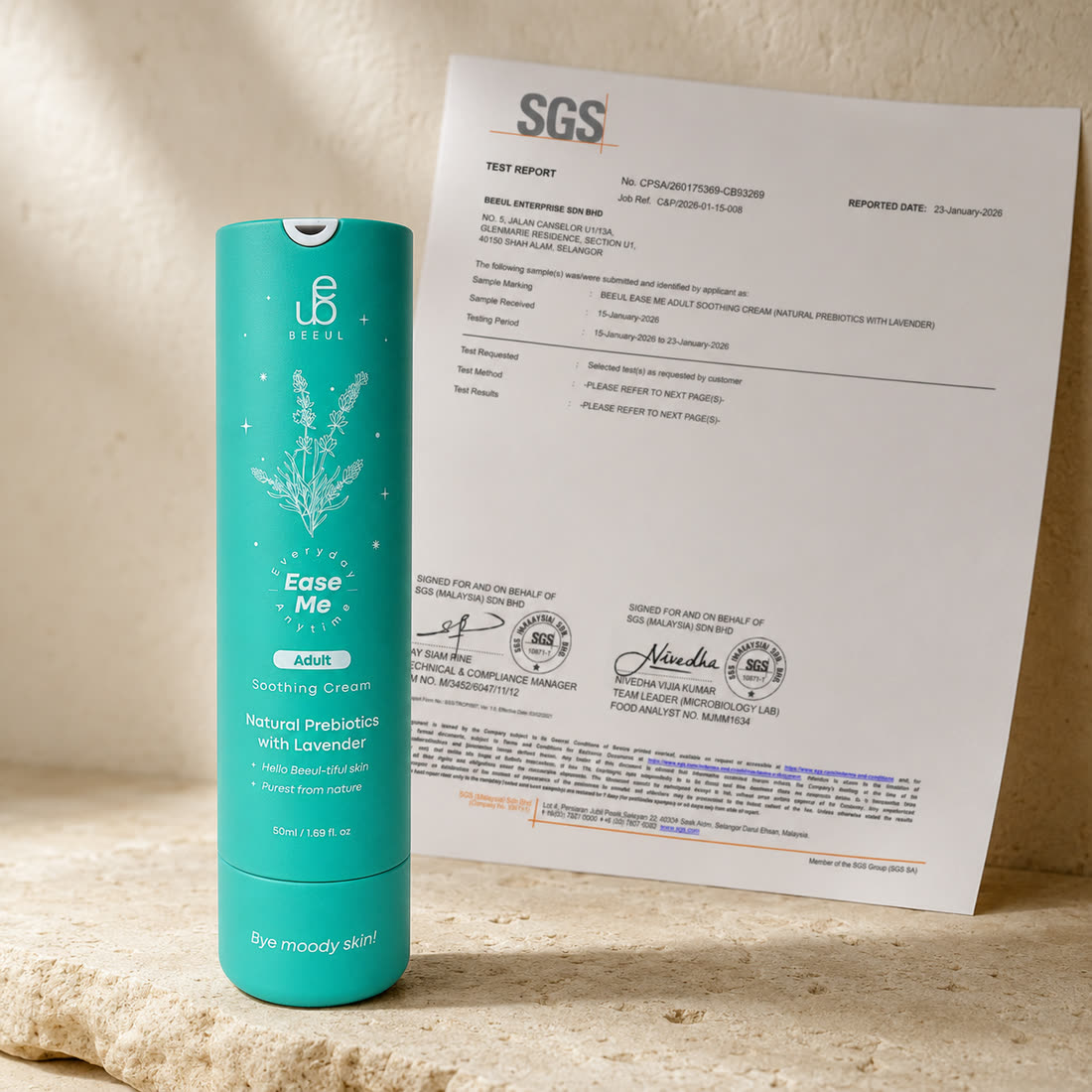 The SGS Malaysia test report for BEEUL Ease Me beside the cream tube