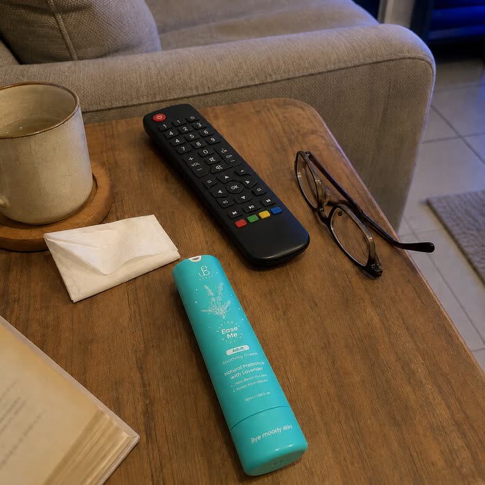 BEEUL Ease Me Adult on a living-room side table beside a mug of tea, reading glasses and a remote control