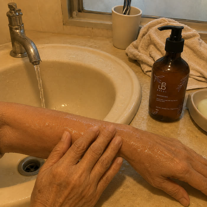 An older person washing a forearm at a basin with the tap running, BEEUL Gentle Body Wash on the counter